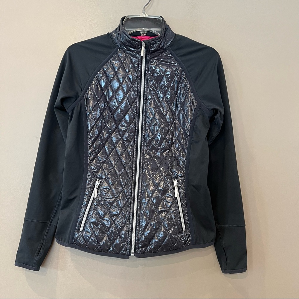 GG Blue Quilted Golf Jacket‎ Sz S Dark Gray Elbow Patches Athletic Sporty